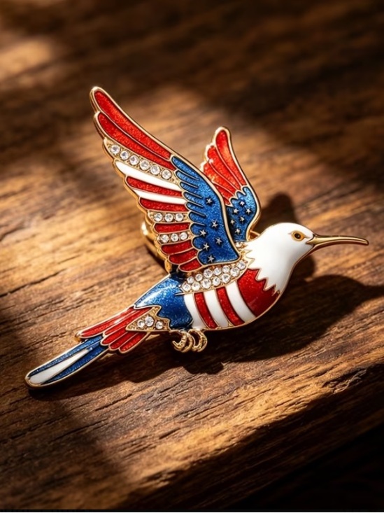 Boutique Jewelry - Patriotic Hummingbird Bird Brooch in Red, White & Blue Enamel